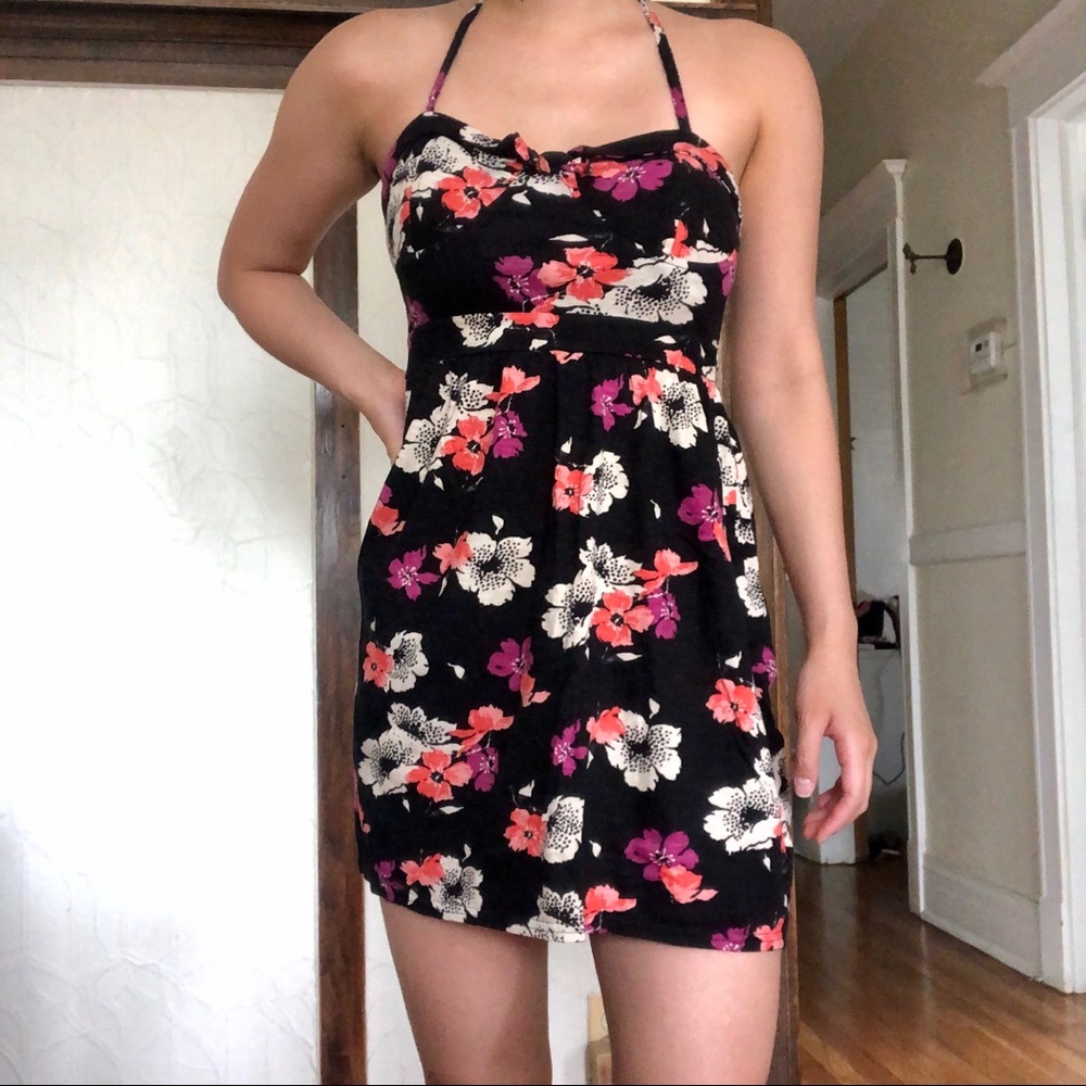 American Eagle Black Floral Halter Dress